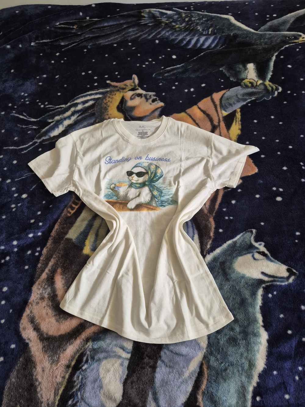 Cute Cat Graphic Tee Cream & Blue Size Medium